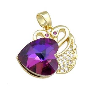 Copper Swan Pendant Pave Crystal Glass Zircon Heart Gold plated, approx 14mm, 20-23mm [FN38246]