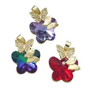 Copper Butterfly Pendant Pave Crystal Glass Zircon Gold Plated Mixed, approx 18-22mm [FN38512]