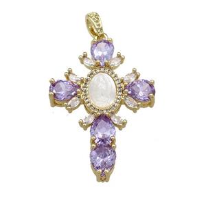 Copper Cross Pendant Pave Purple Zircon Shell Gold Plated, approx 30-43mm [FN38568]