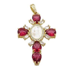 Copper Cross Pendant Pave Red Zircon Shell Gold Plated, approx 30-43mm [FN38570]