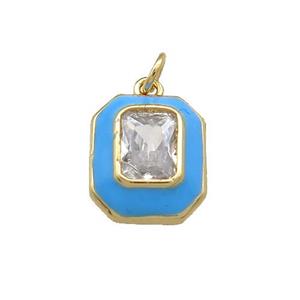 Copper Rectangle Pendant Pave Zircon Blue Enamel Gold Plated, approx 12-14mm [FN38575]