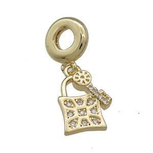 Copper Lock Key Pendant Pave Zircon Gold Plated, approx 11-13mm, 10mm [FN38581]