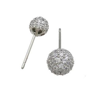 Copper Stud Earrings Pave Zircon Ball Platinum Plated, approx 8mm [FN38611-8MM]