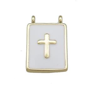 Copper Rectangle Pendant White Enamel Cross 2loops Gold Plated, approx 12-18mm [FN38632]