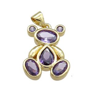 Copper Bear Pendant Pave Purple Zircon Gold Plated, approx 15-20mm [FN38675]