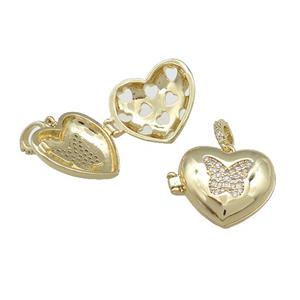 Copper Heart Locket Pendant Pave Zircon Butterfly Gold Plated, approx 20mm [FN38697]