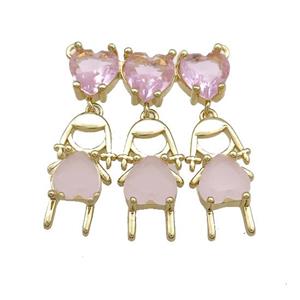 Copper Girls Pendant Pave Pink Crystal Glass 2loops Gold pLated, approx 8mm, 28-32mm [FN38708]