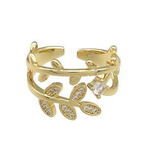 Copper Rings Pave Zircon Leaf Gold Plated, approx 14mm, 18mm dia [FN38791]
