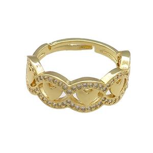 Copper Rings Pave Zircon Heart Adjustable Gold Plated, approx 8mm, 18mm dia [FN38804]