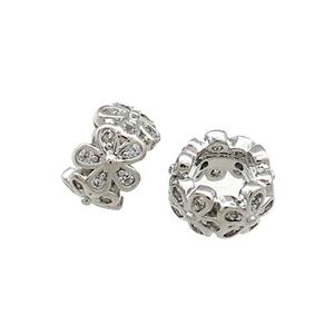 Copper Rondelle Beads Pave Zircon Flower Large Hole Platinum Plated, approx 8mm [FN38928-8MM]