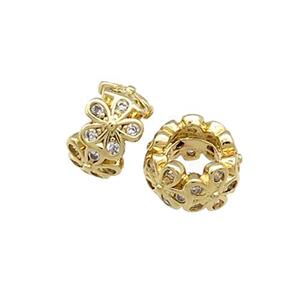 Copper Rondelle Beads Pave Zircon Flower Large Hole Gold Plated, approx 8mm [FN38929-8MM]