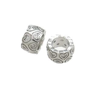 Copper Rondelle Beads Pave Zircon Heart Large Hole Platinum Plated, approx 8mm [FN38935-8MM]