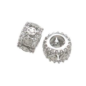 Copper Rondelle Beads Pave Zircon Emoji Large Hole Platinum Plated, approx 10mm [FN38979]
