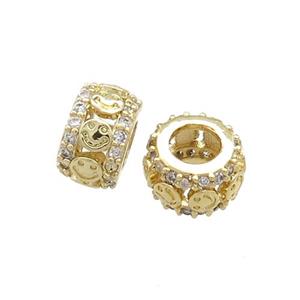 Copper Rondelle Beads Pave Zircon Emoji Large Hole Gold Plated, approx 10mm [FN38980]