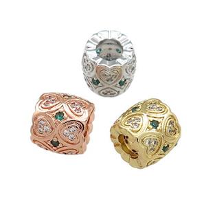 Copper Tube Beads Pave Zircon Heart Large Hole Mixed, approx 10mm [FN39039]