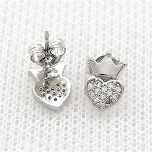 Copper Stud Earrings Pave Zircon Crown Platinum Plated, approx 6.5-10mm [FN39052]