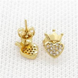 Copper Stud Earrings Pave Zircon Crown Gold Plated, approx 6.5-10mm [FN39053]