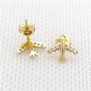 Copper Stud Earrings Pave Zircon Airplane Gold Plated, approx 10mm [FN39055]