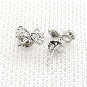 Copper Stud Earrings Pave Zircon Bowknot Platinum Plated, approx 6-9mm [FN39056]