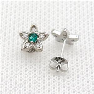 Copper Stud Earrings Pave Zircon Flower Platinum Plated, approx 8mm [FN39058]