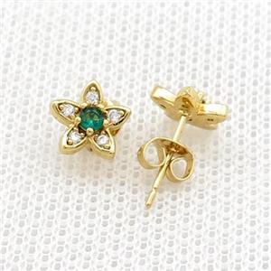 Copper Stud Earrings Pave Zircon Flower Gold Plated, approx 8mm [FN39059]