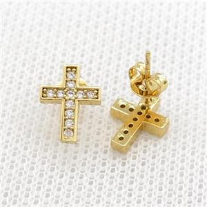 Copper Stud Earrings Pave Zircon Cross Gold Plated, approx 8-11mm [FN39061]