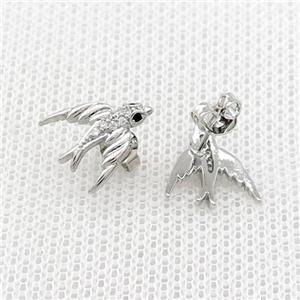 Copper Stud Earrings Pave Zircon Swallow Birds Platinum Plated, approx 11-12mm [FN39062]