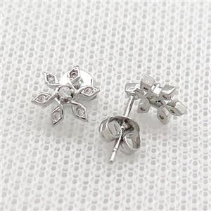Copper Stud Earrings Pave Zircon Flower Platinum Plated, approx 8mm [FN39064]
