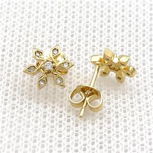 Copper Stud Earrings Pave Zircon Flower Gold Plated, approx 8mm [FN39065]
