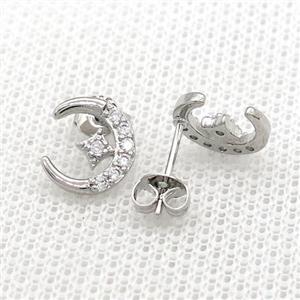 Copper Stud Earrings Pave Zircon Moon Star Platinum Plated, approx 10mm [FN39070]