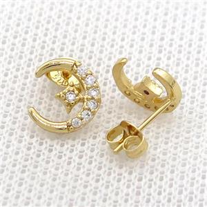 Copper Stud Earrings Pave Zircon Moon Star Gold Plated, approx 10mm [FN39071]