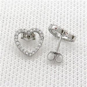 Copper Stud Earrings Pave Zircon Heart Platinum Plated, approx 11mm [FN39072]
