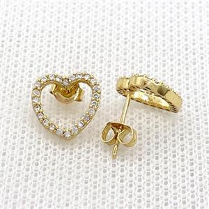Copper Stud Earrings Pave Zircon Heart Gold Plated, approx 11mm [FN39073]