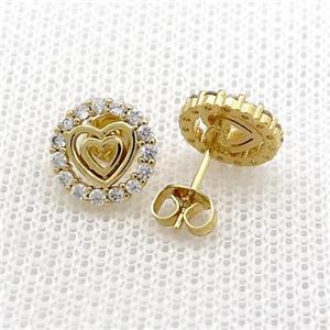 Copper Stud Earrings Pave Zircon Heart Circle Gold Plated, approx 9.5mm [FN39075]
