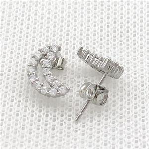 Copper Stud Earrings Pave Zircon Moon Platinum Plated, approx 7-10mm [FN39076]