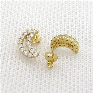 Copper Stud Earrings Pave Zircon Moon Gold Plated, approx 7-10mm [FN39077]