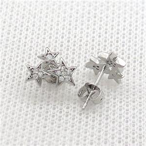 Copper Stud Earrings Pave Zircon Star Platinum Plated, approx 8-11mm [FN39078]