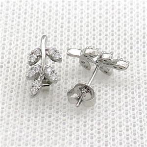 Copper Stud Earrings Pave Zircon Leaf Platinum Plated, approx 6.5-13mm [FN39080]
