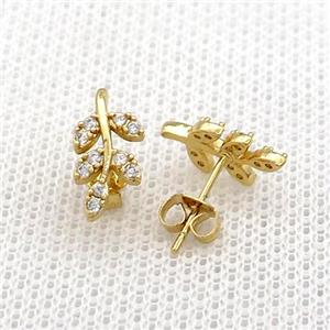 Copper Stud Earrings Pave Zircon Leaf Gold Plated, approx 6.5-13mm [FN39081]