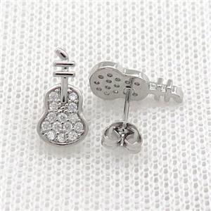 Copper Stud Earrings Pave Zircon Guitar Platinum Plated, approx 7-14mm [FN39084]