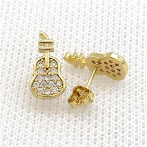 Copper Stud Earrings Pave Zircon Guitar Gold Plated, approx 7-14mm [FN39085]