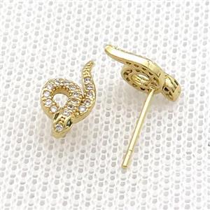 Copper Stud Earrings Pave Zircon Snake Gold Plated, approx 7-12mm [FN39087]