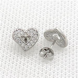 Copper Stud Earrings Pave Zircon Heart Platinum Plated, approx 10mm [FN39088]