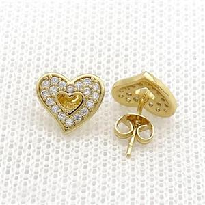 Copper Stud Earrings Pave Zircon Heart Gold Plated, approx 10mm [FN39089]