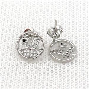 Copper Stud Earrings Pave Zircon Swan Platinum Plated, approx 10mm [FN39090]