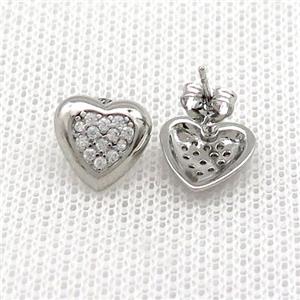 Copper Stud Earrings Pave Zircon Heart Platinum Plated, approx 10mm [FN39092]