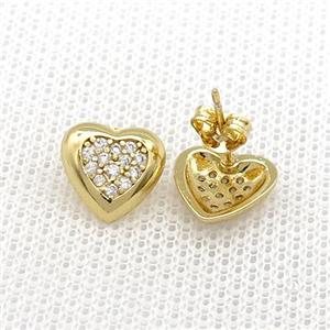 Copper Stud Earrings Pave Zircon Heart Gold Plated, approx 10mm [FN39093]