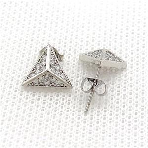Copper Stud Earrings Pave Zircon Triangle Platinum Plated, approx 11mm [FN39096]