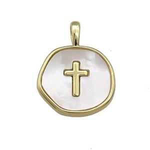 Copper Circle Pendant Pave Shell Cross Gold Plated, approx 14mm [FN39130]