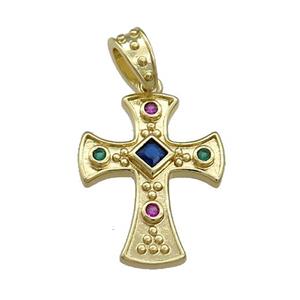 Copper Cross Pendant Pave Zircon Gold Plated, approx 18-23mm [FN39170]